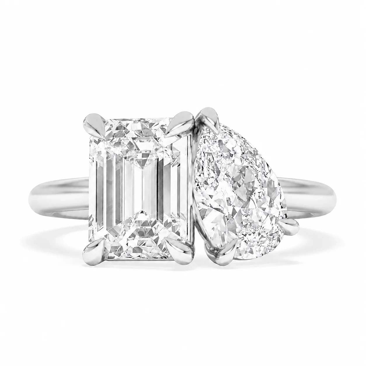 14K gold two stone Lab pear & emerald diamond Toi-et-moi Ring thumbnail 4