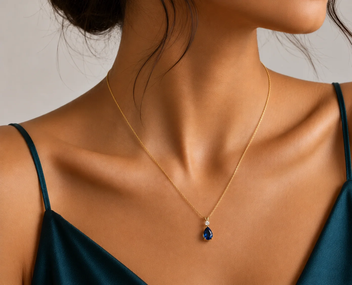 14K Gold LAB Diamond & Gemstone Drop Necklace - LAB Created Blue Sapphire thumbnail 2