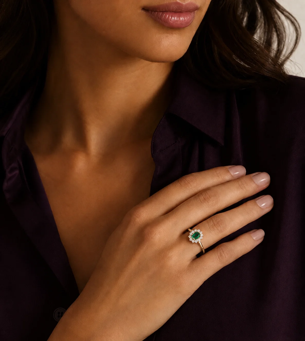 14K Gold Oval Gemstone & Lab Grown Diamond Halo Ring - LAB Created Emerald thumbnail 2