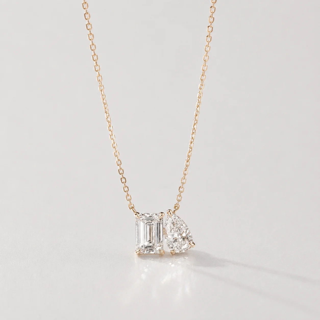 14K gold two stone Lab pear & emerald diamond Toi-et-moi Necklace thumbnail 2
