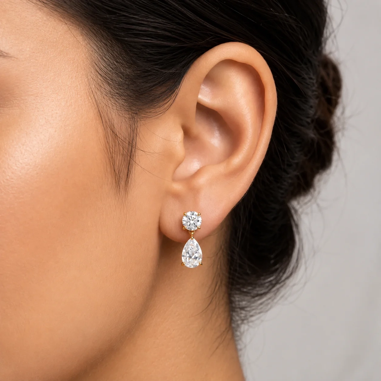 14K Gold Lab Grown Diamond Round & Pear Drop Earrings thumbnail 3