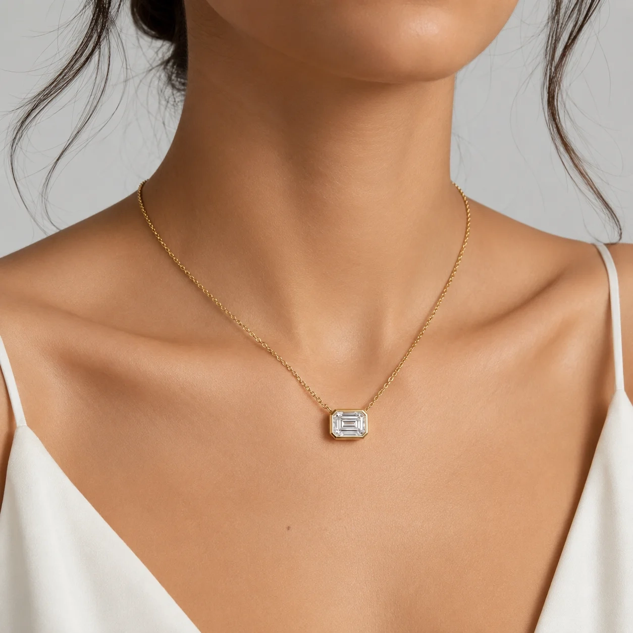 14 KT gold Lab-Grown East-West Bezel-Set Emerald-Cut Diamond Necklace-2.00 ct thumbnail 2