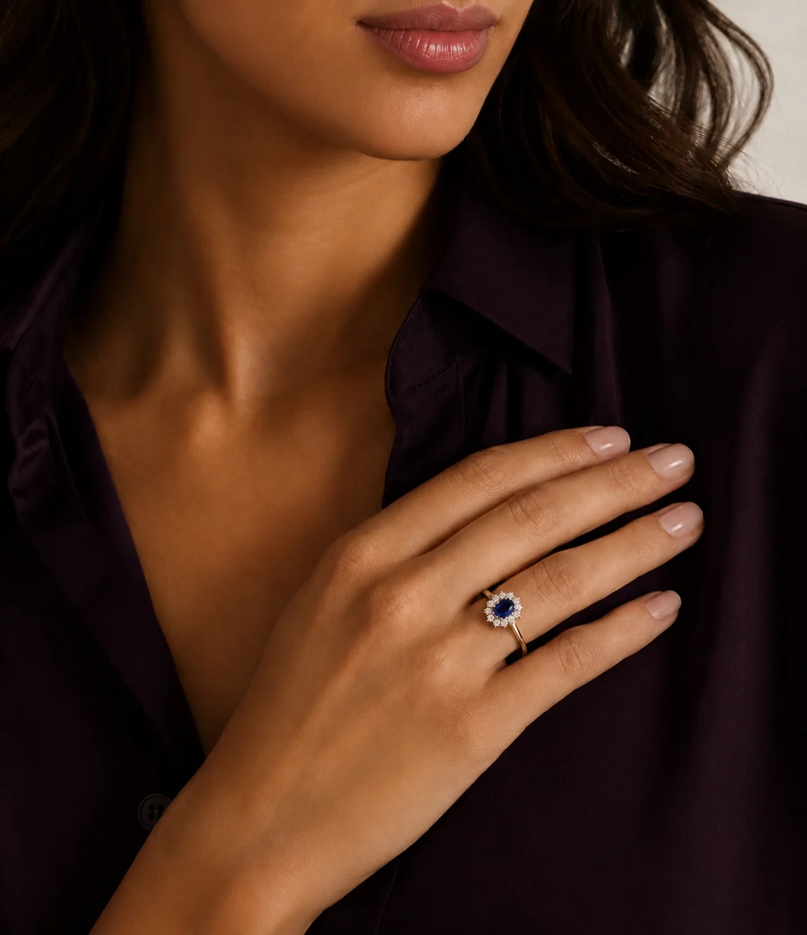 14K Gold Oval Gemstone & Lab Grown Diamond Halo Ring - LAB Created Blue Sapphire thumbnail 3
