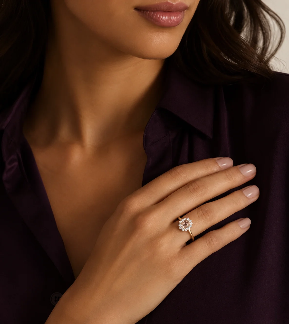 14K Gold Oval Gemstone & Lab Grown Diamond Halo Ring - Morganite product image