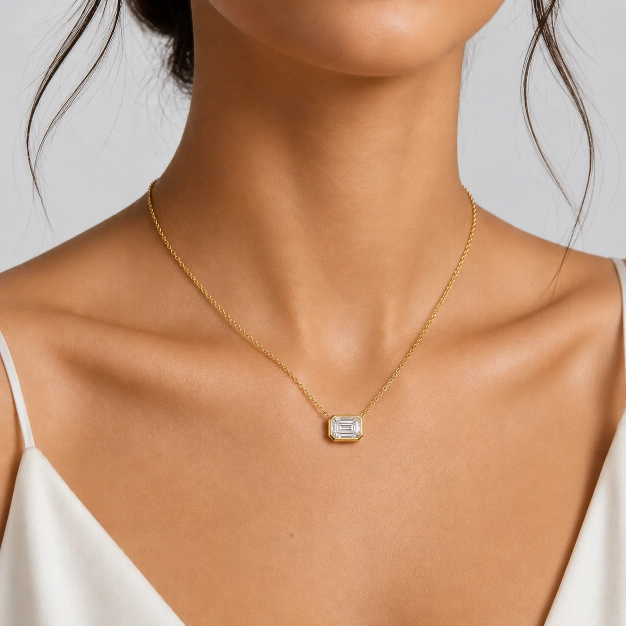 14 KT gold Lab-Grown East-West Bezel-Set Emerald-Cut Diamond Necklace-1.00 ct product image 1