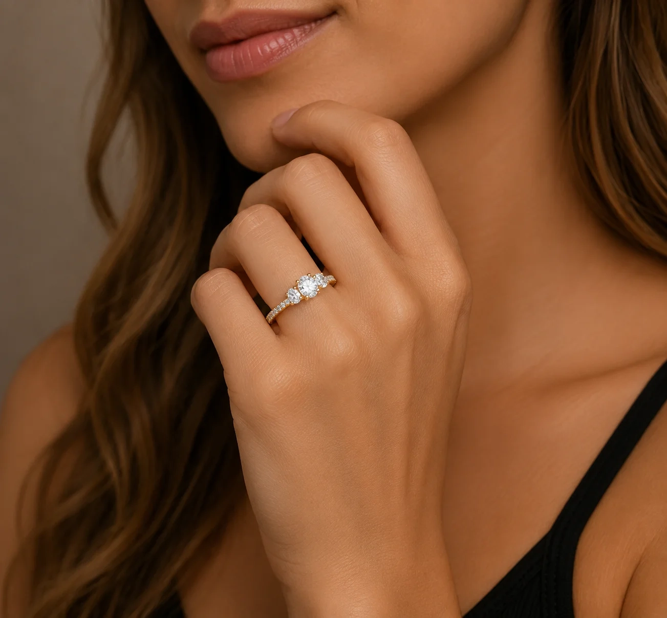14K Gold LAB Oval Diamond Three-stone pave shank ring thumbnail 3