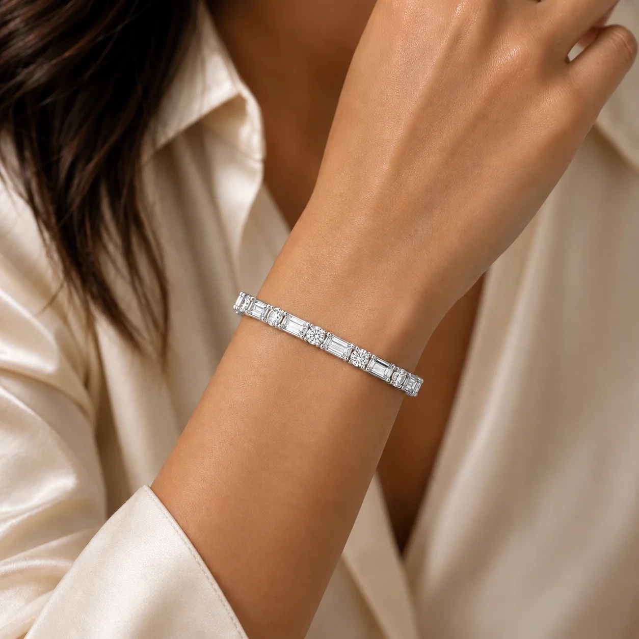14K Gold Emerald & Round Lab Grown Diamond Tennis Bracelet - 15 ct thumbnail 2