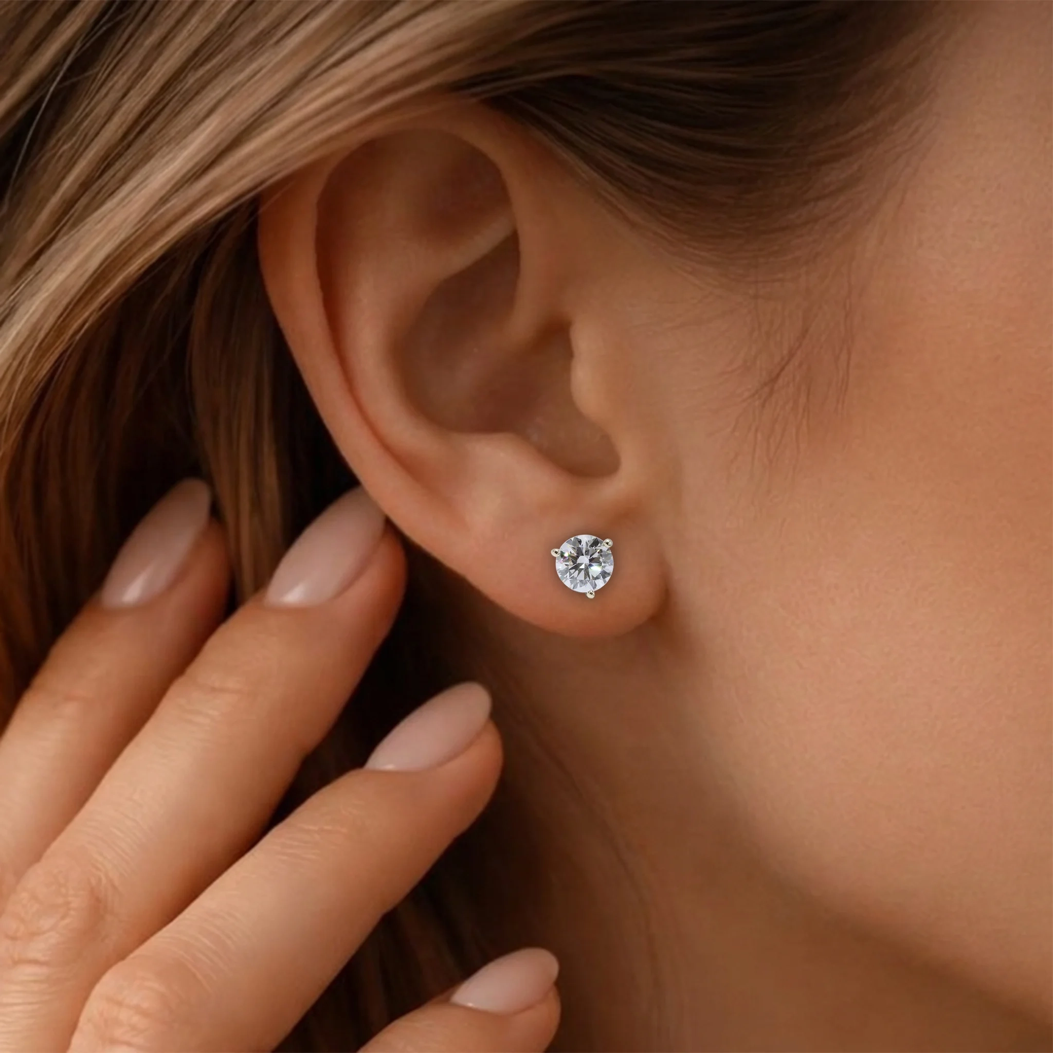 14K Gold Lab Grown Diamond Martini three prong studs - 1.5 ct thumbnail 3