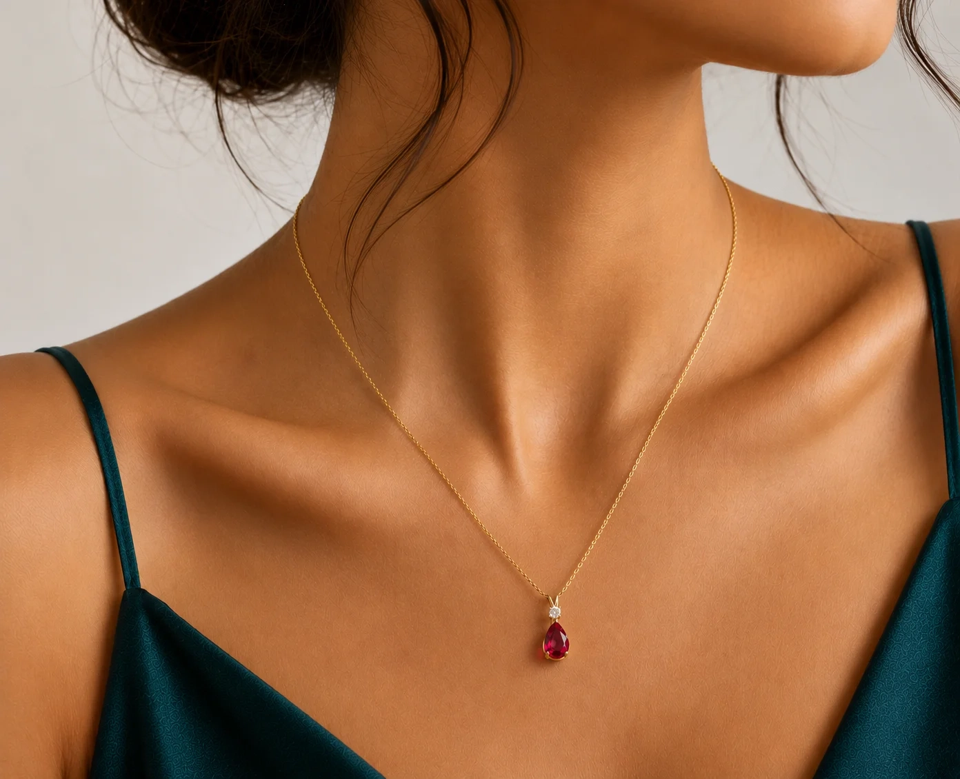 14K Gold LAB Diamond & Gemstone Drop Necklace - LAB Ruby thumbnail 2