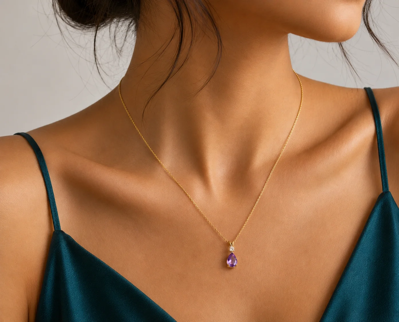 14K Gold Natural Diamond & Semi-Precious Gemstone Drop Necklace - Amethyst thumbnail 2
