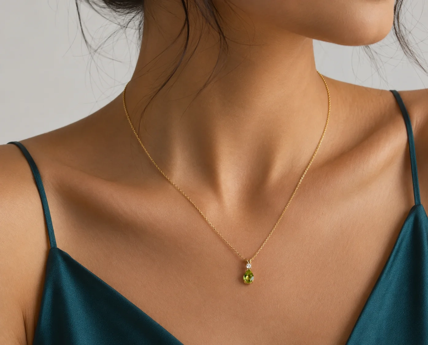 14K Gold Natural Diamond & Semi-Precious Gemstone Drop Necklace - Peridot thumbnail 2