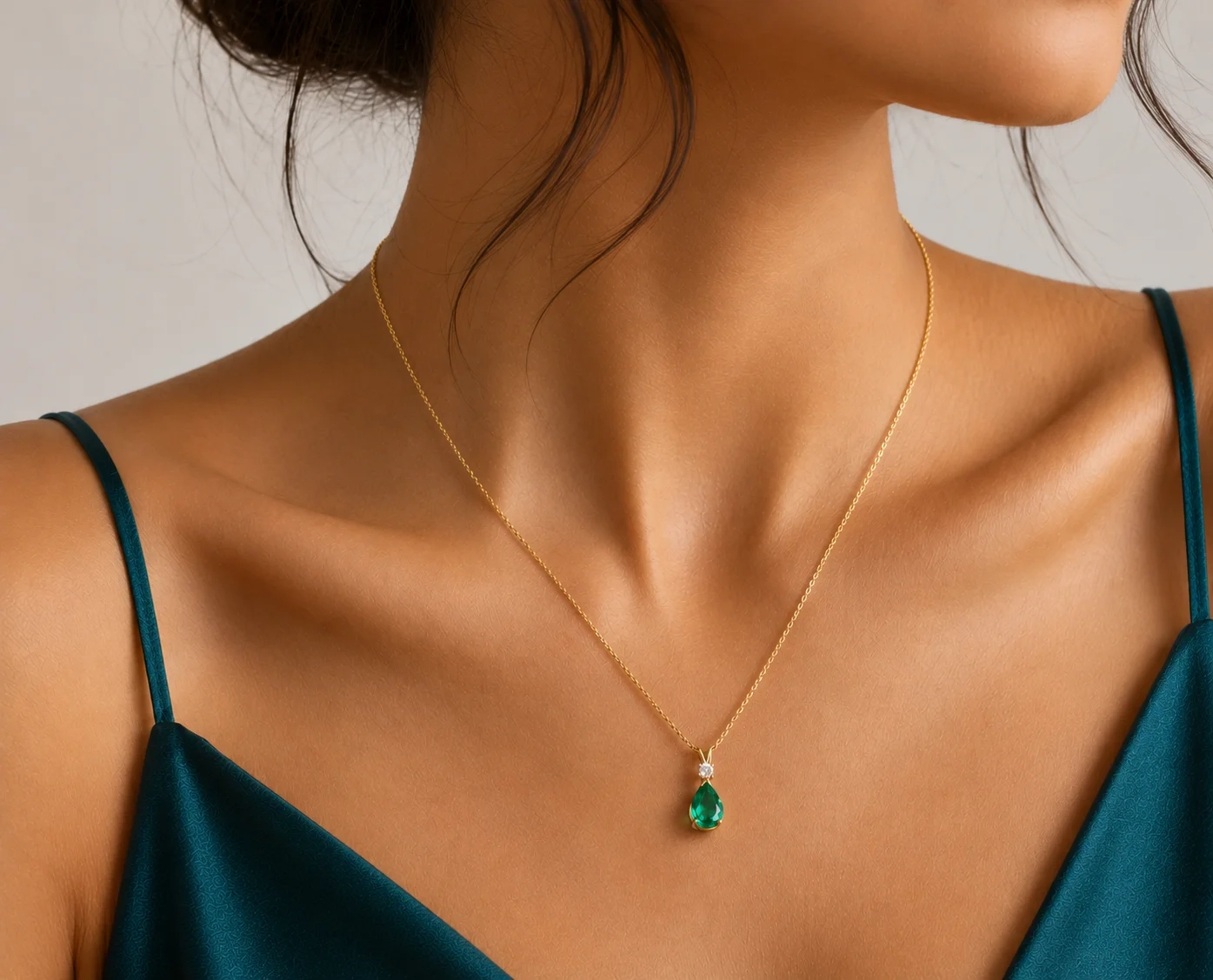 14K Gold LAB Diamond & Gemstone Drop Necklace - LAB Emerald thumbnail 2
