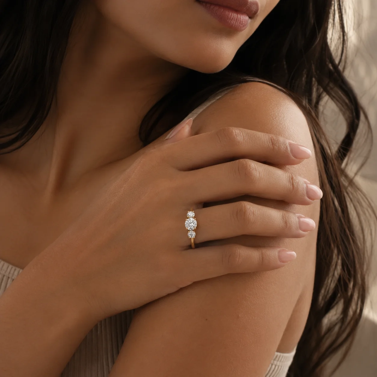 14K Gold LAB Round Diamond Three-stone ring thumbnail 2