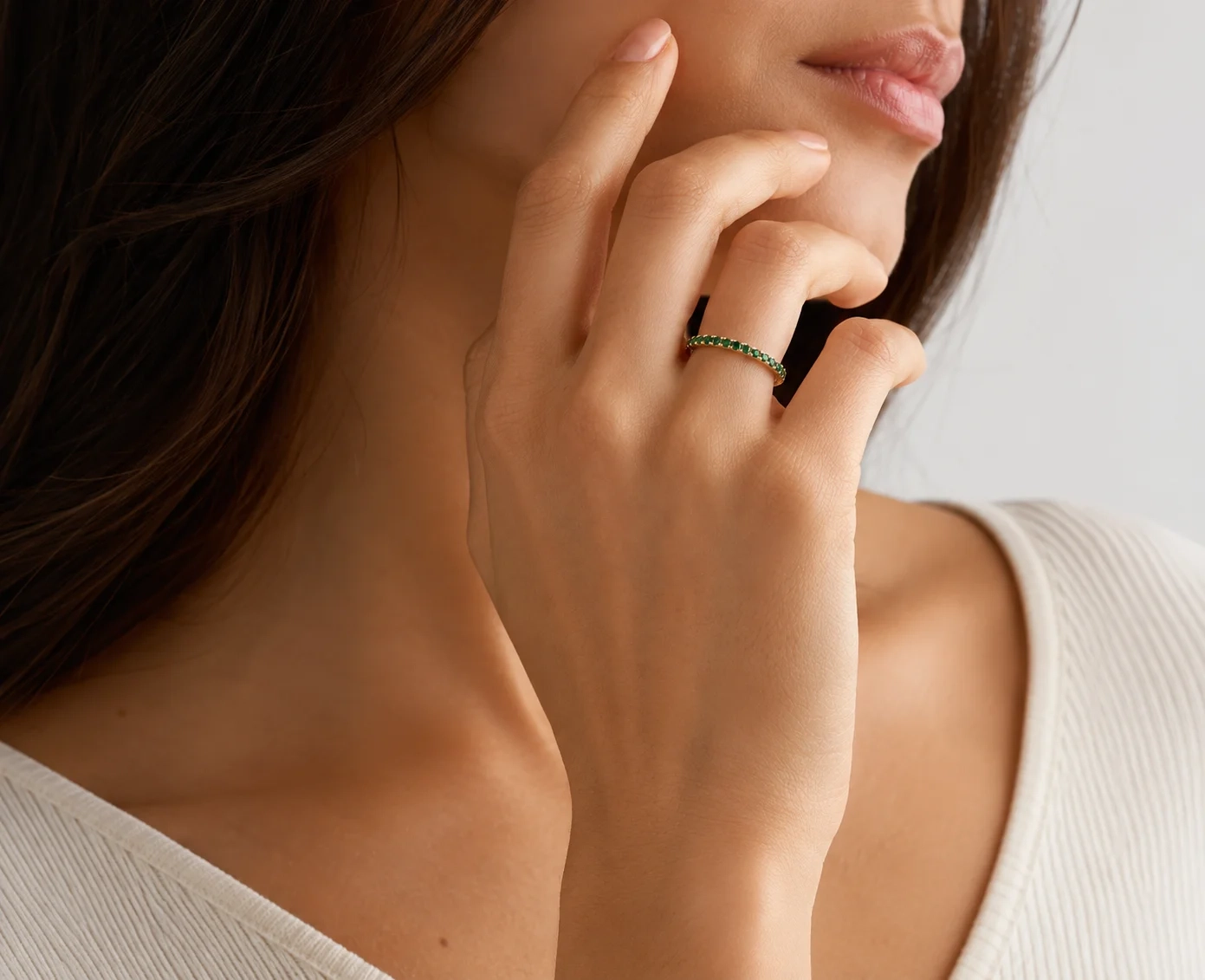 14K Gold LAB Gemstone Pave Eternity Band - LAB Created Emerald thumbnail 2