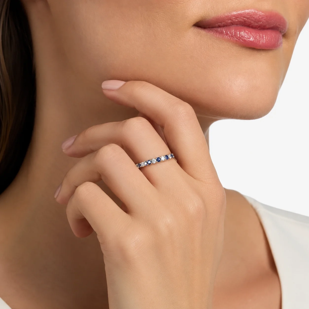 14K gold alternate Pavé LAB Gemstone and LAB Diamond Eternity band Ring - LAB Created Blue Sapphire thumbnail 2