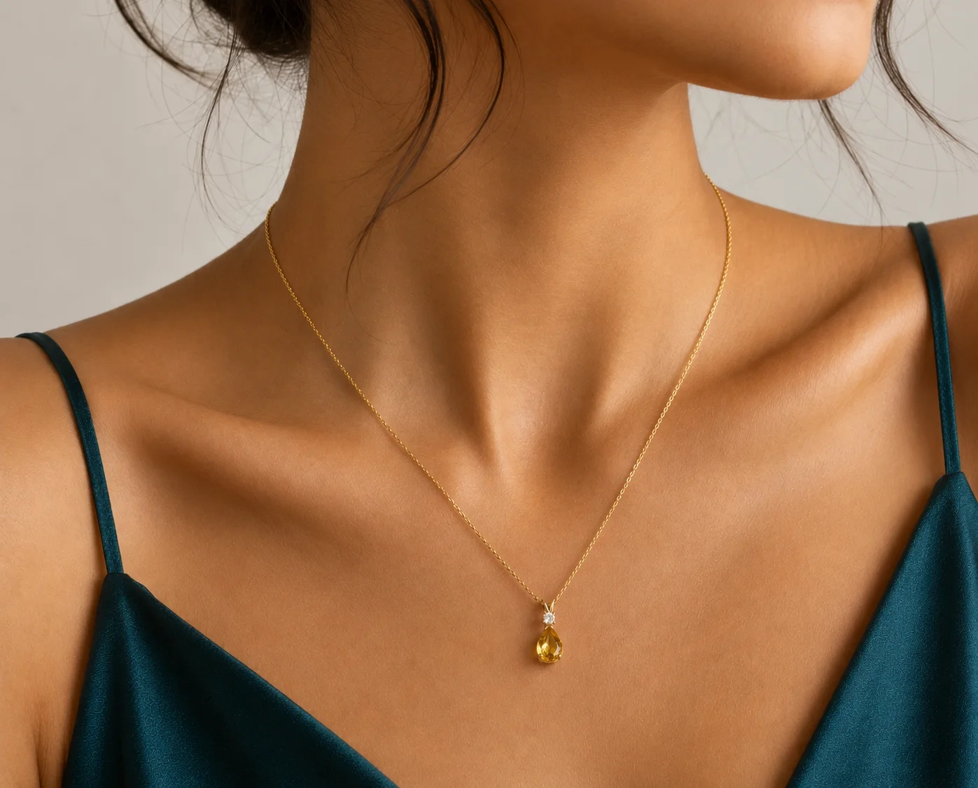 14K Gold Natural Diamond & Semi-Precious Gemstone Drop Necklace - Citrine thumbnail 2