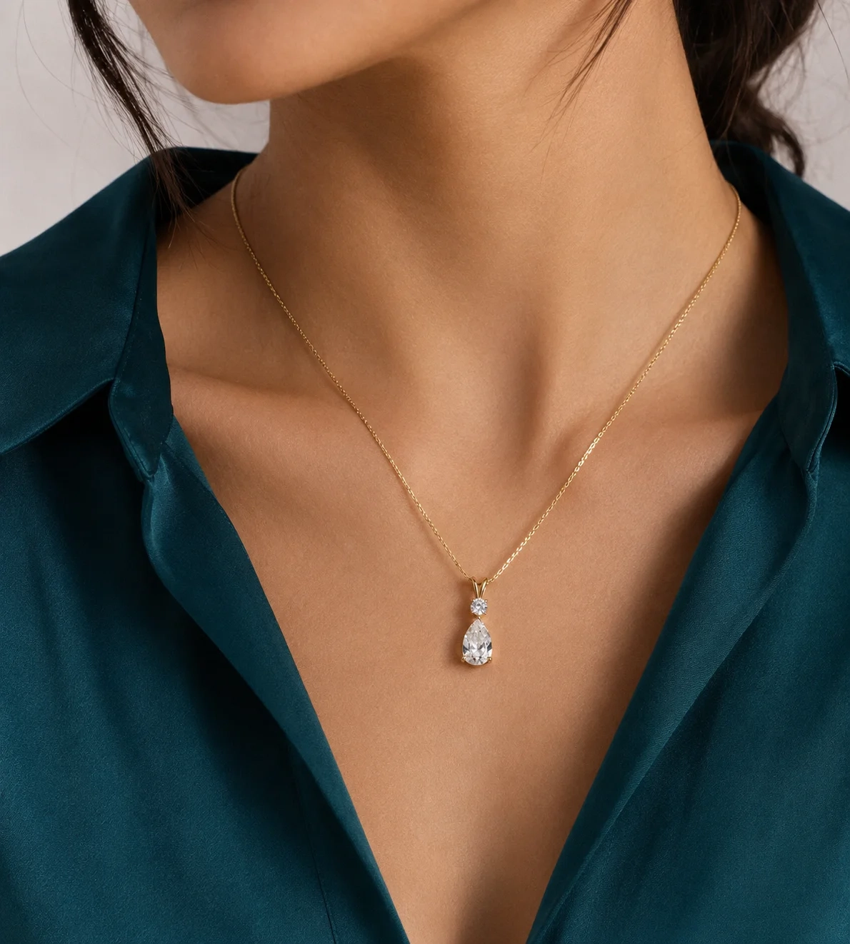 14K Gold Lab Grown Diamond Round & Pear Drop Necklace thumbnail 3