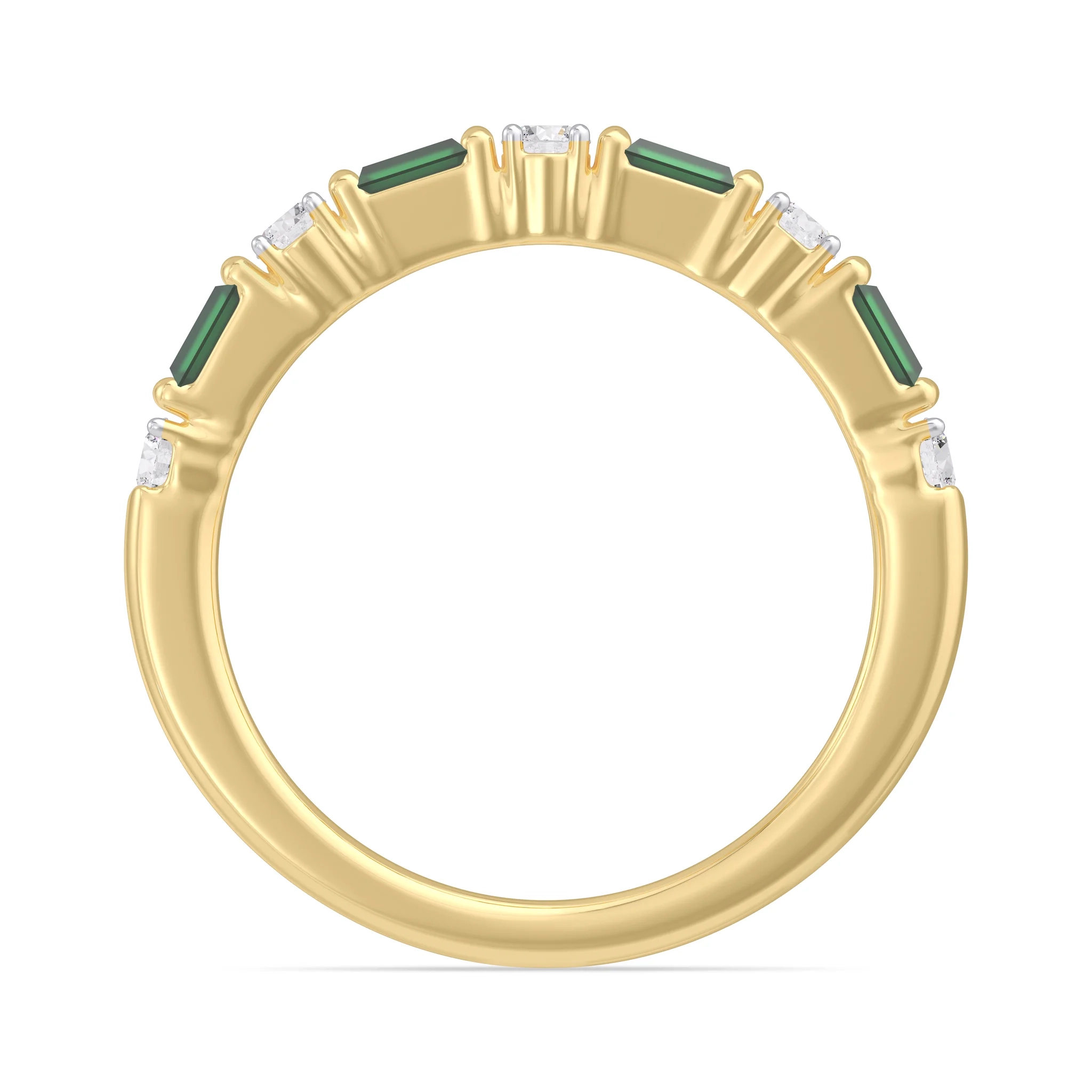 14K Gold Gemstone LAB Emerald Baguette with Lab Round Diamonds halfway band thumbnail 4