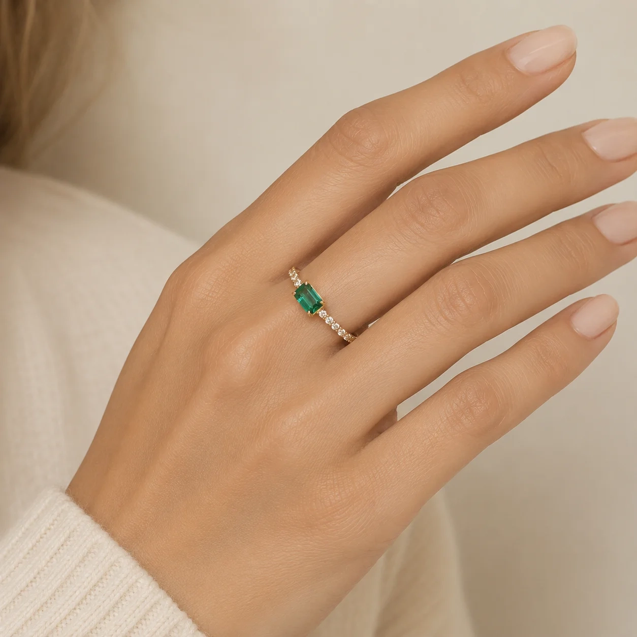 14K gold Lab Grown east-west gemstone Emerald pave Diamond Ring product image 1